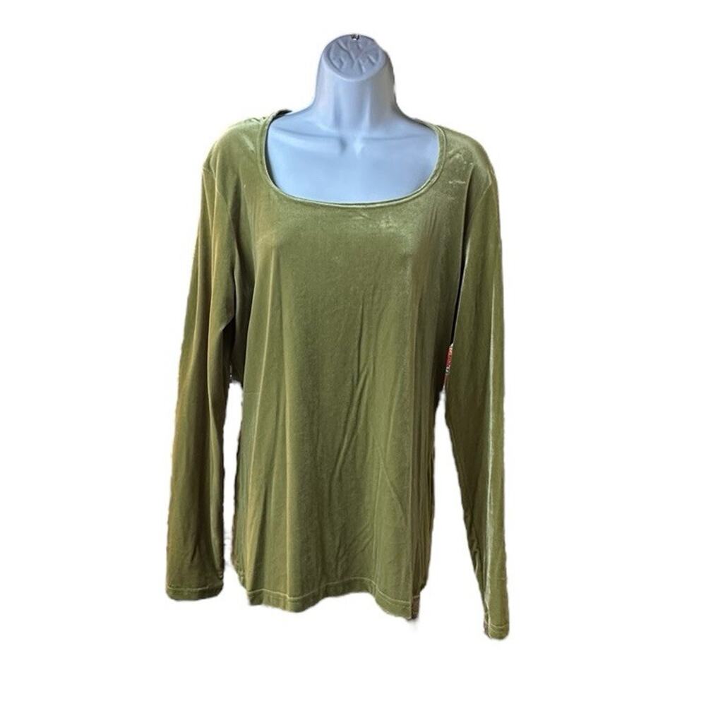 Vintage Gantos Olive Green Stretch Velvet Top Long Sleeve Scoop Neck Y2K Large